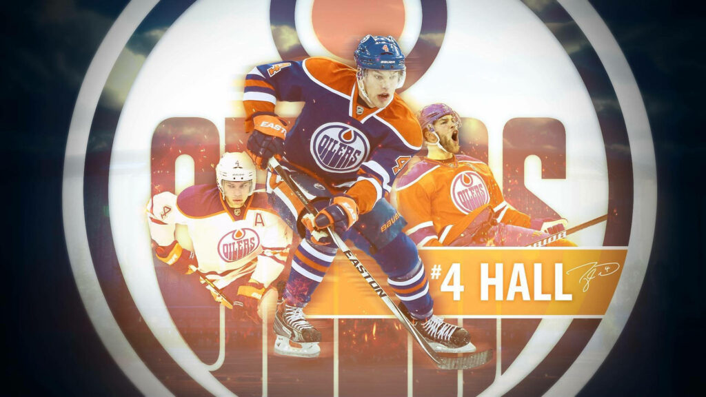 Edmonton Oilers Taylor Hall #4 in action with vibrant blue and orange team colors wallpaper