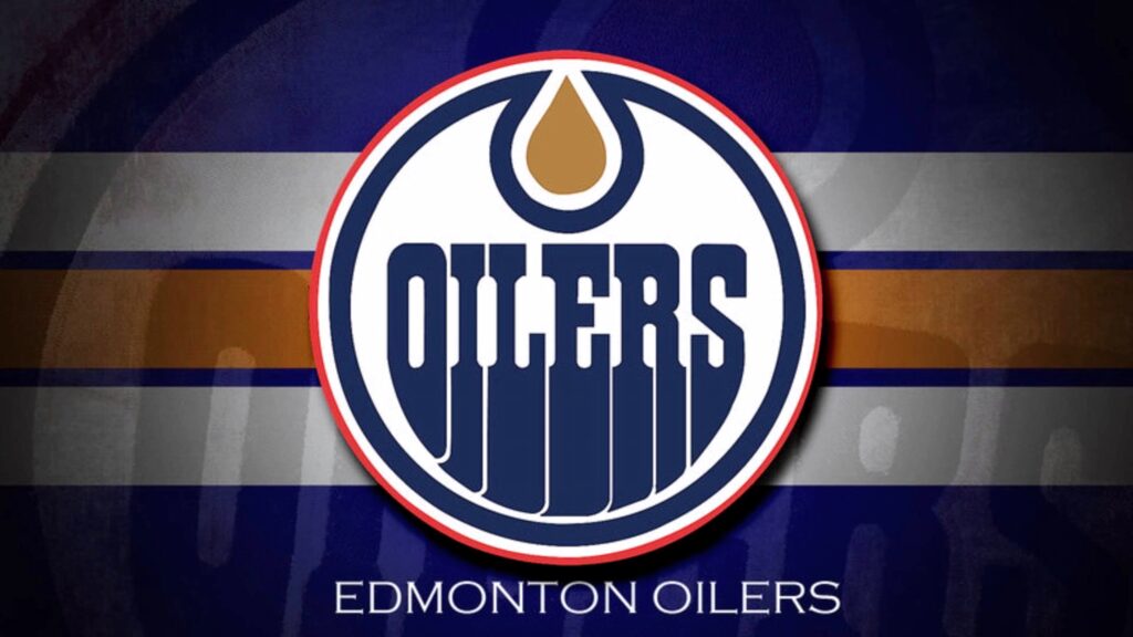Edmonton Oilers logo wallpaper with blue orange stripes and ice texture showcasing team spirit