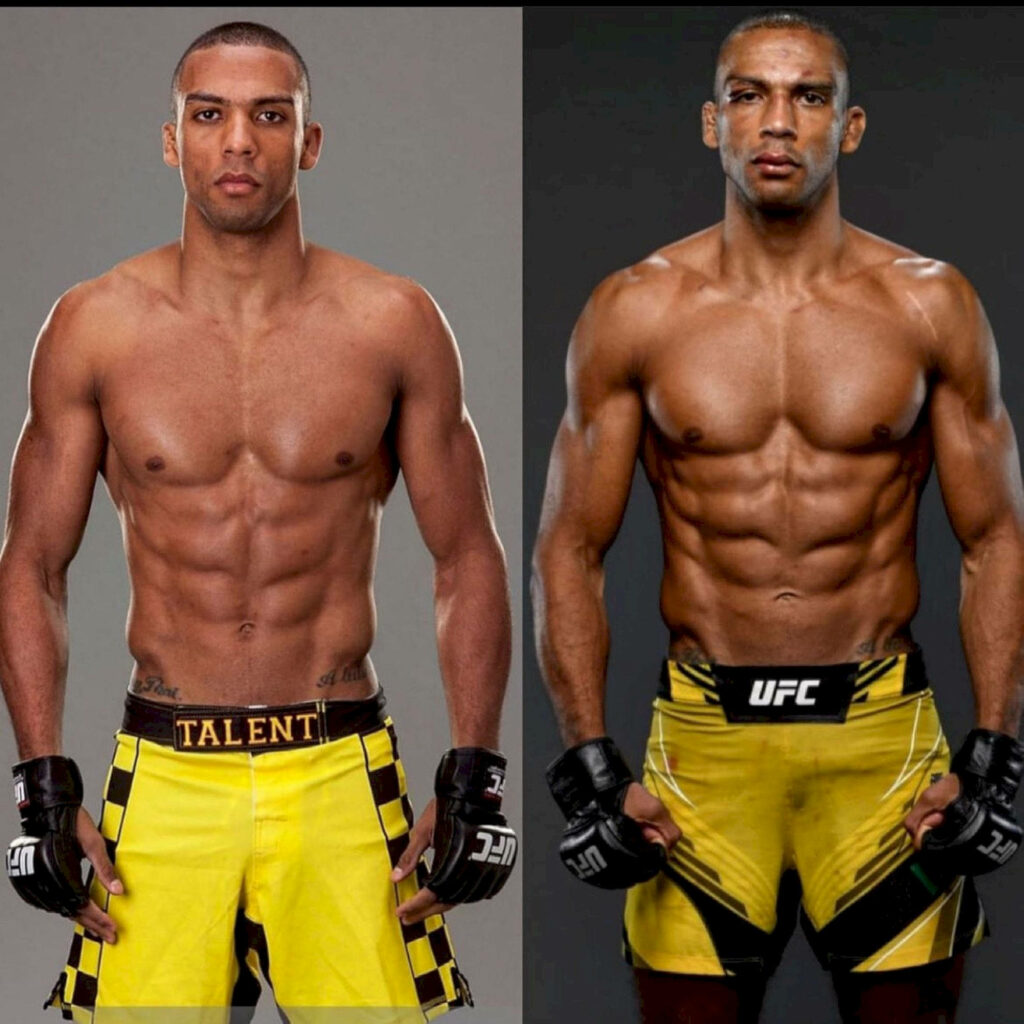 Edson Barboza MMA fighter evolution comparison showing athletic physique and yellow shorts Wallpaper