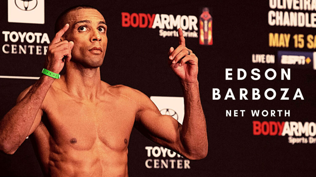 Edson Barboza shirtless at weigh-in pointing to head with warm cinematic filter wallpaper background