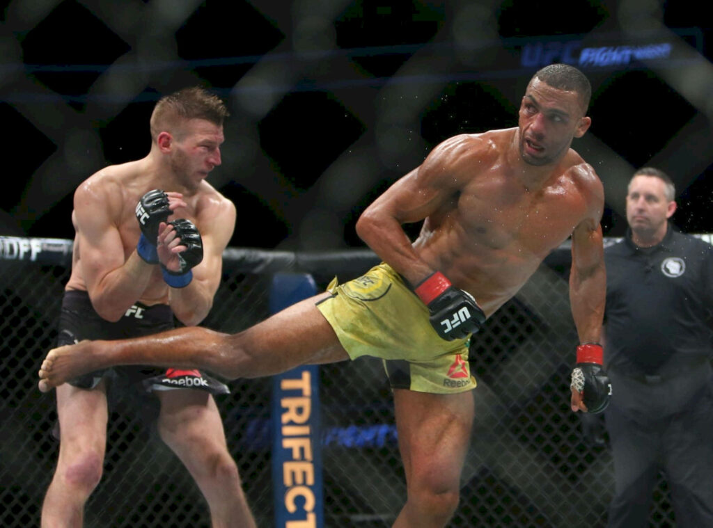 Edson Barboza delivers powerful UFC kick to Dan Hooker intense fight in octagon arena lights Wallpaper