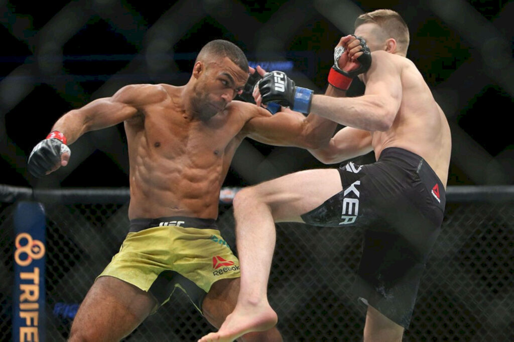 Edson Barboza and Dan Hooker intense UFC fight action with dynamic lighting and energy wallpaper