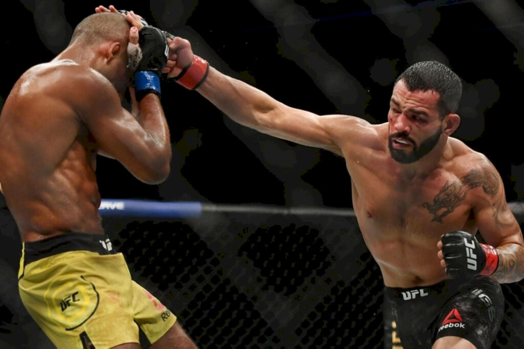 UFC fight wallpaper Dan Ige punches Edson Barboza intense MMA action vibrant lighting