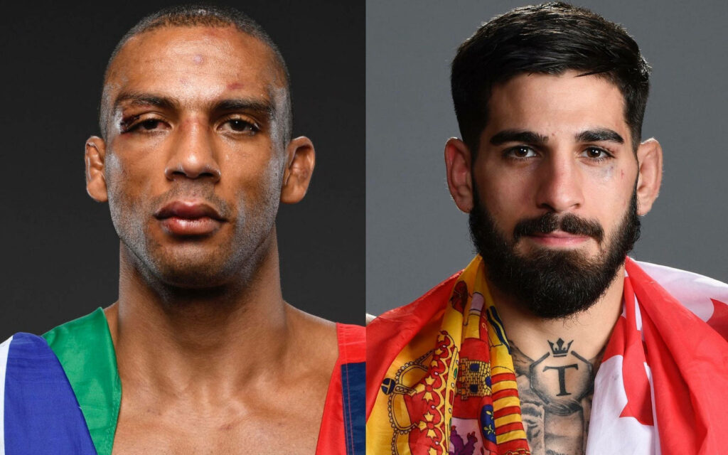 Edson Barboza and Ilia Topuria intense UFC faceoff wallpaper with detailed fight expressions
