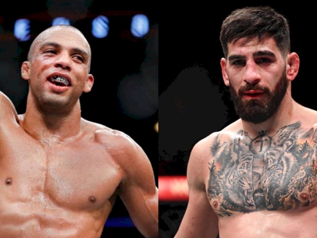 UFC fighters Edson Barboza and Ilia Topuria side by side in octagon intense focus wallpaper background