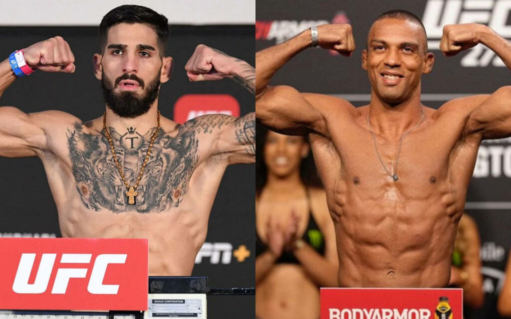 UFC fighters Edson Barboza and Ilia Topuria flexing at weigh-in with detailed tattoos and muscles Wallpaper