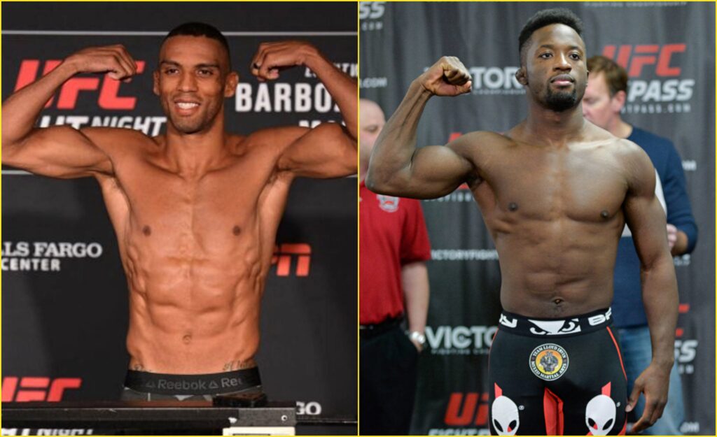 UFC fighters Edson Barboza and Sodiq Yusuff pose confidently at weigh-ins in split-screen wallpaper