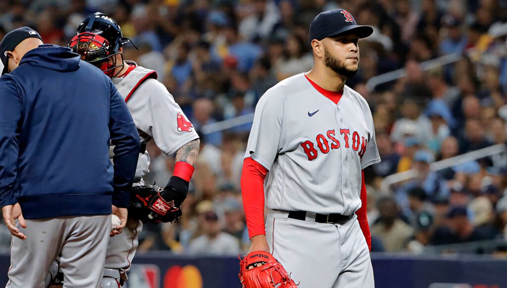 Eduardo Rodríguez in grey Boston Red Sox uniform on field vibrant stadium crowd baseball wallpaper