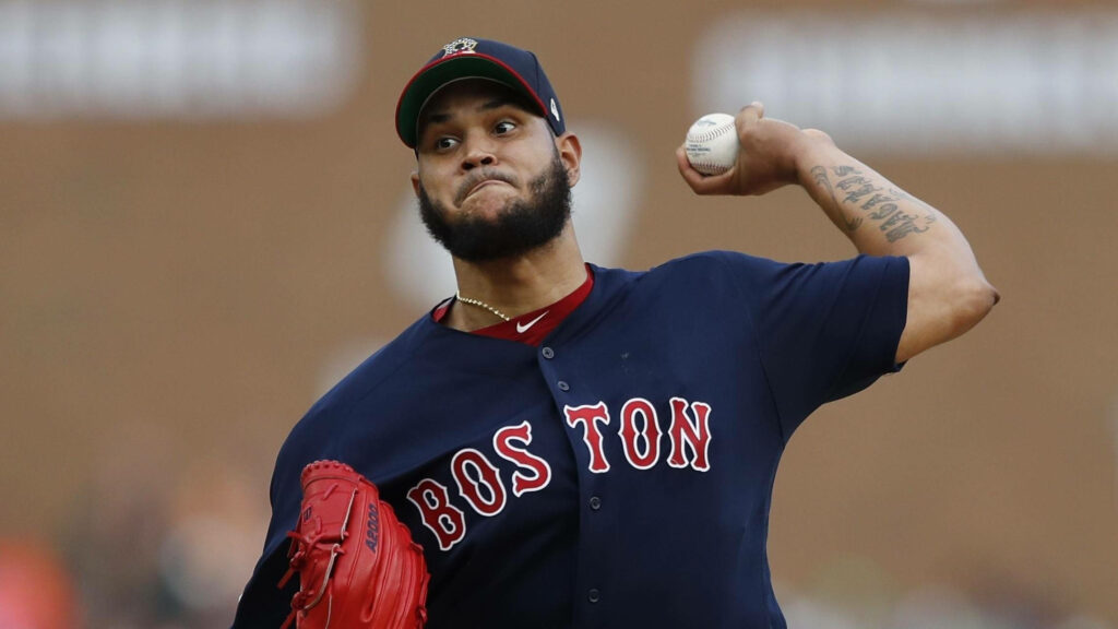Eduardo Rodríguez pitching in Boston Red Sox uniform dynamic baseball action wallpaper background