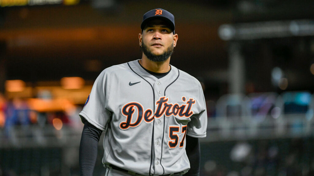 Eduardo Rodríguez Detroit Tigers player in gray navy uniform under stadium lights close-up Wallpaper