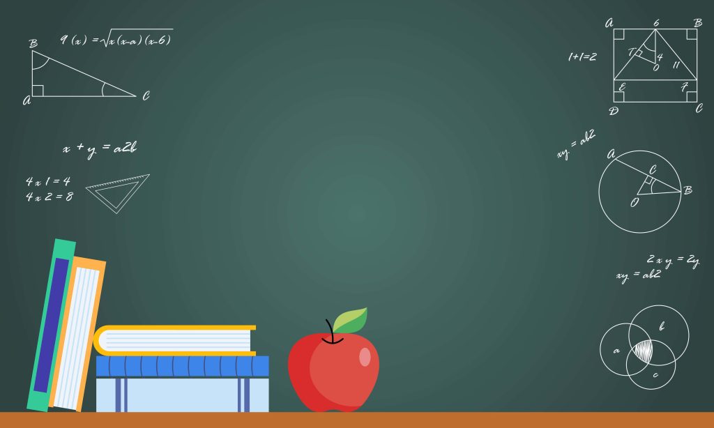 Classic green chalkboard with math formulas geometry colorful books and red apple wallpaper background