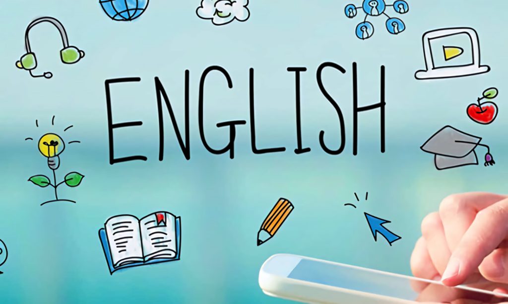 Close-up hand using mobile phone with English learning icons on teal educational wallpaper background