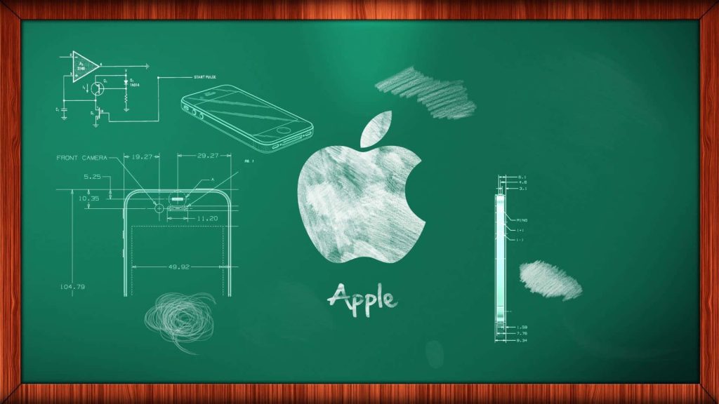 Green classroom blackboard wallpaper with white chalk Apple logo and iPhone blueprint design