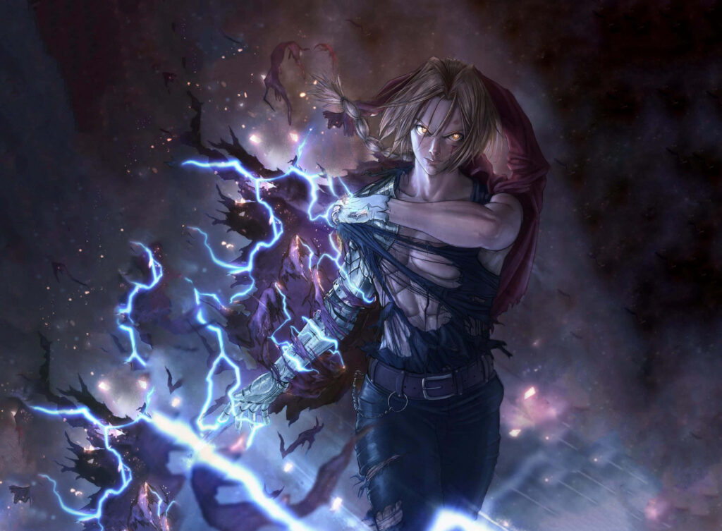 Edward Elric performing alchemy with glowing transmutation circles and lightning energy wallpaper