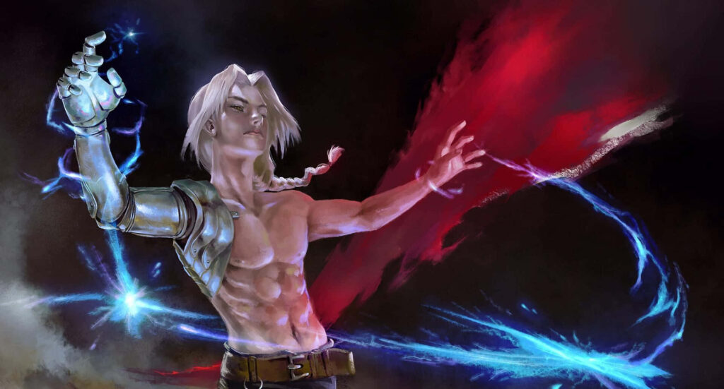 Edward Elric with automail arm and crackling alchemic energy on dark red dramatic wallpaper background