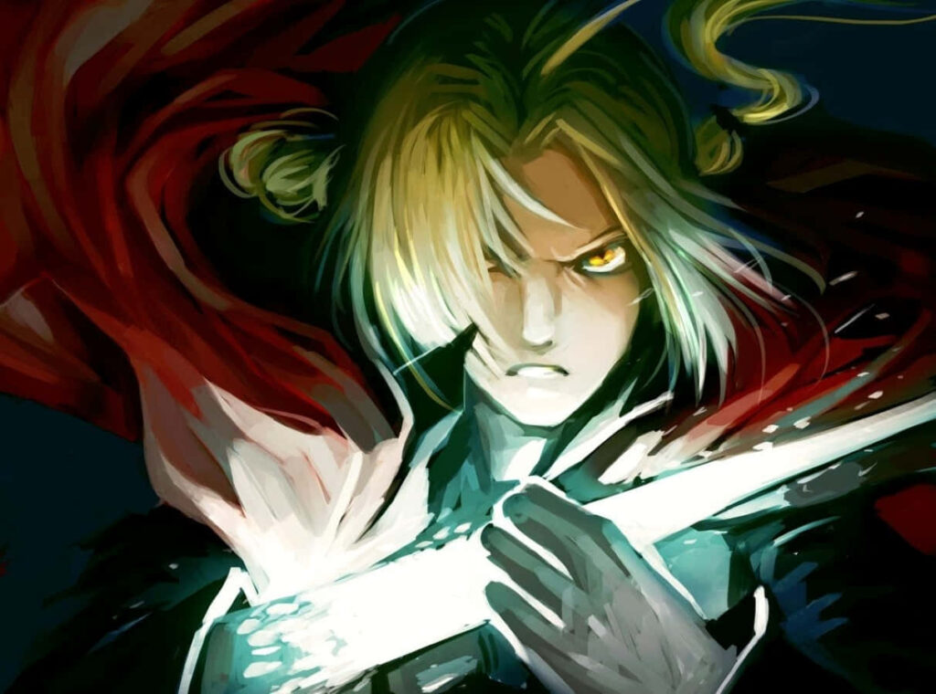 Edward Elric battle pose showcasing automail arm and alchemy power anime wallpaper background
