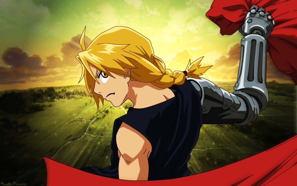 Edward Elric with automail arm raised in vibrant countryside action scene wallpaper background