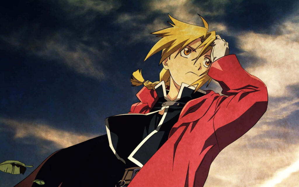 Edward Elric in Fullmetal Alchemist wallpaper standing confidently under dramatic sky background