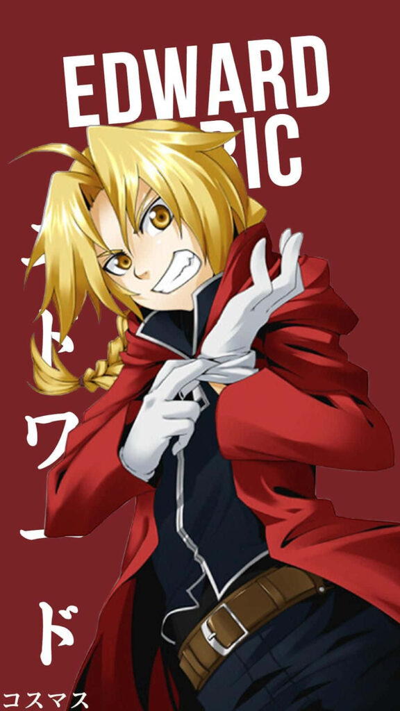 Edward Elric Fullmetal Alchemist adjusting glove bold red background blond braid red coat wallpaper
