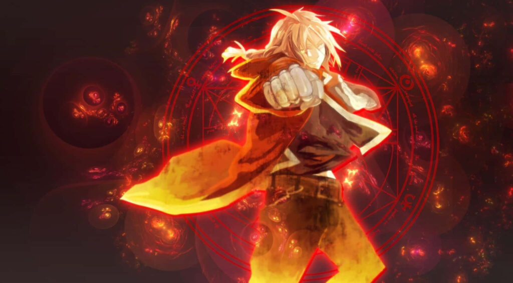 Edward Elric powerful alchemy glowing energy dynamic pose transmutation circles wallpaper background