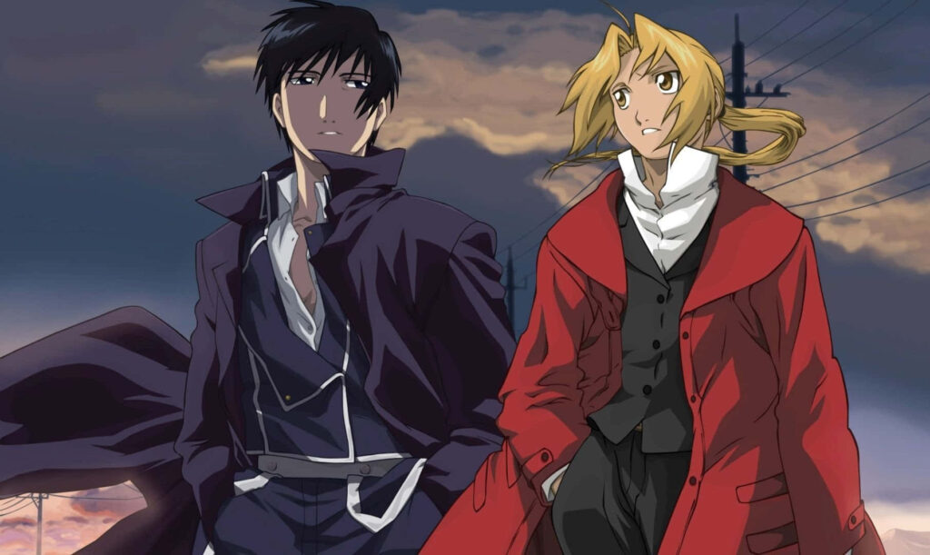 Edward Elric confident with ally dramatic sunset anime adventure wallpaper background scene