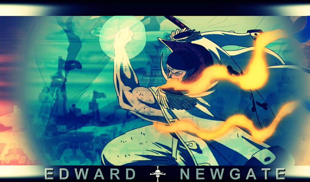 Edward Newgate wallpaper with fiery quake powers on vibrant blue teal background epic pirate scene