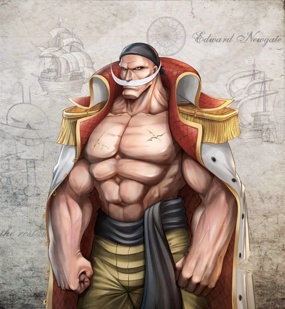 Edward Newgate One Piece pirate captain muscular pose vintage nautical wallpaper background