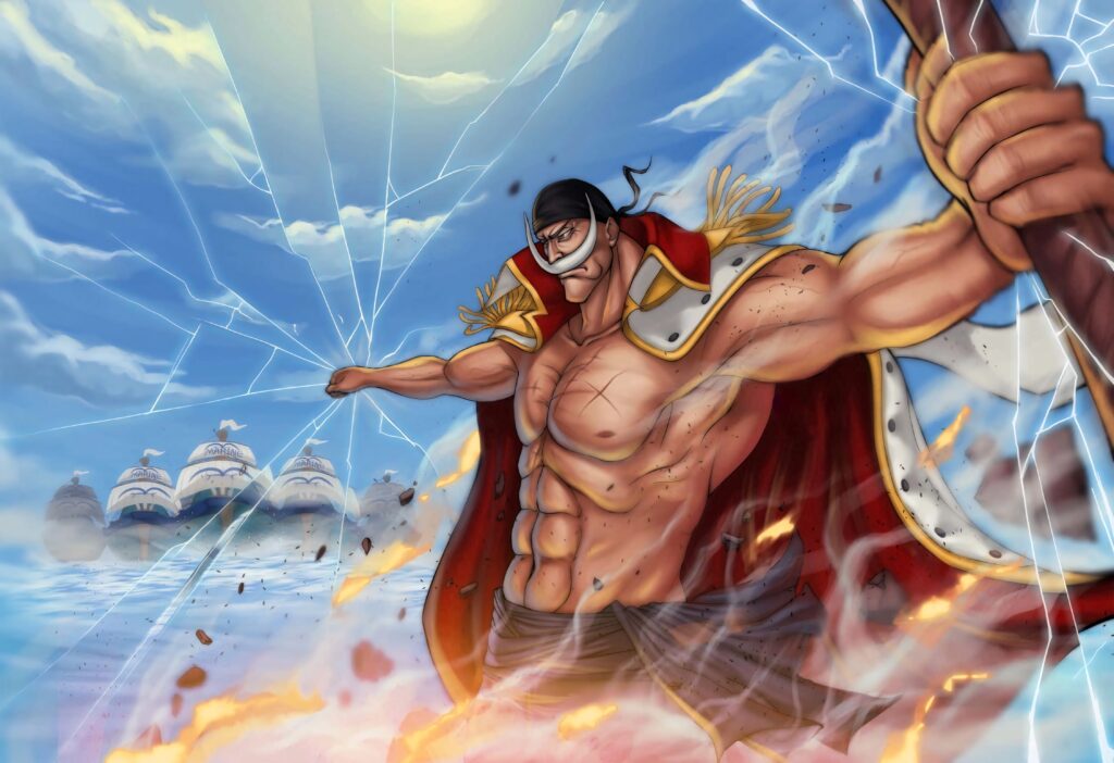 Edward Newgate Whitebeard Pirates leader stands powerful amid lightning and shattered ice anime wallpaper