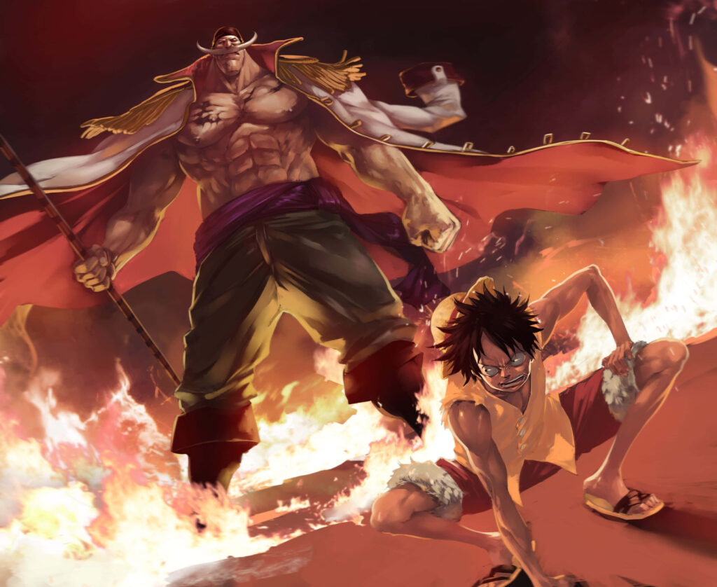Edward Newgate and Monkey D Luffy fiery anime battle scene vibrant colors intense action wallpaper
