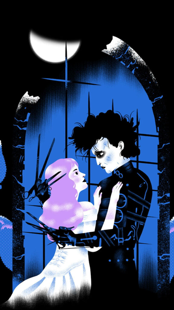 Animated Edward Scissorhands embracing girl moonlit window whimsical romantic wallpaper background
