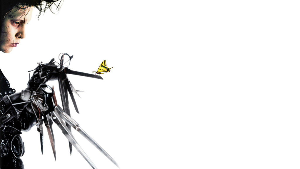 Edward Scissorhands with sharp scissor fingers holding a delicate butterfly on white background Wallpaper