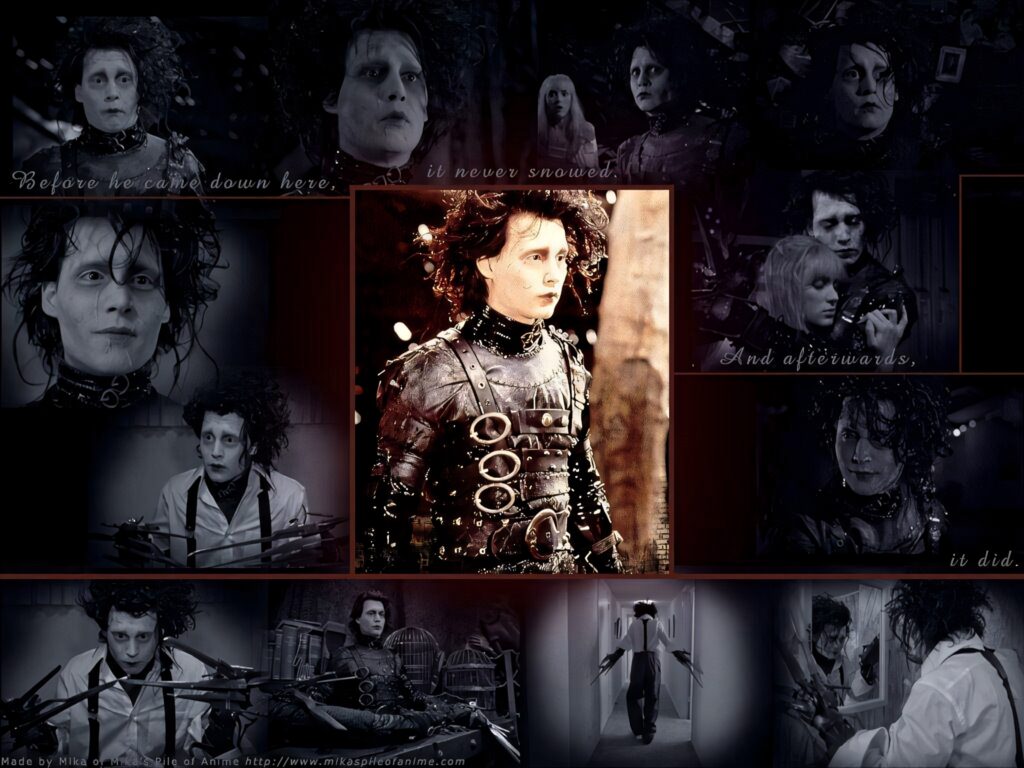 Edward Scissorhands photo collage wallpaper showcasing iconic look and emotional movie scenes
