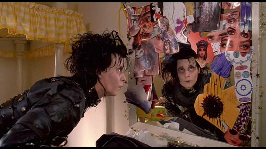 Edward Scissorhands gazes into collage mirror reflecting whimsical gothic movie scene wallpaper background