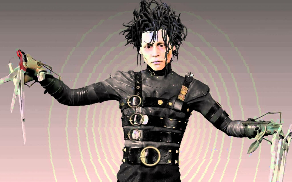 Edward Scissorhands in iconic black leather outfit with scissor hands on stylized graphics background Wallpaper
