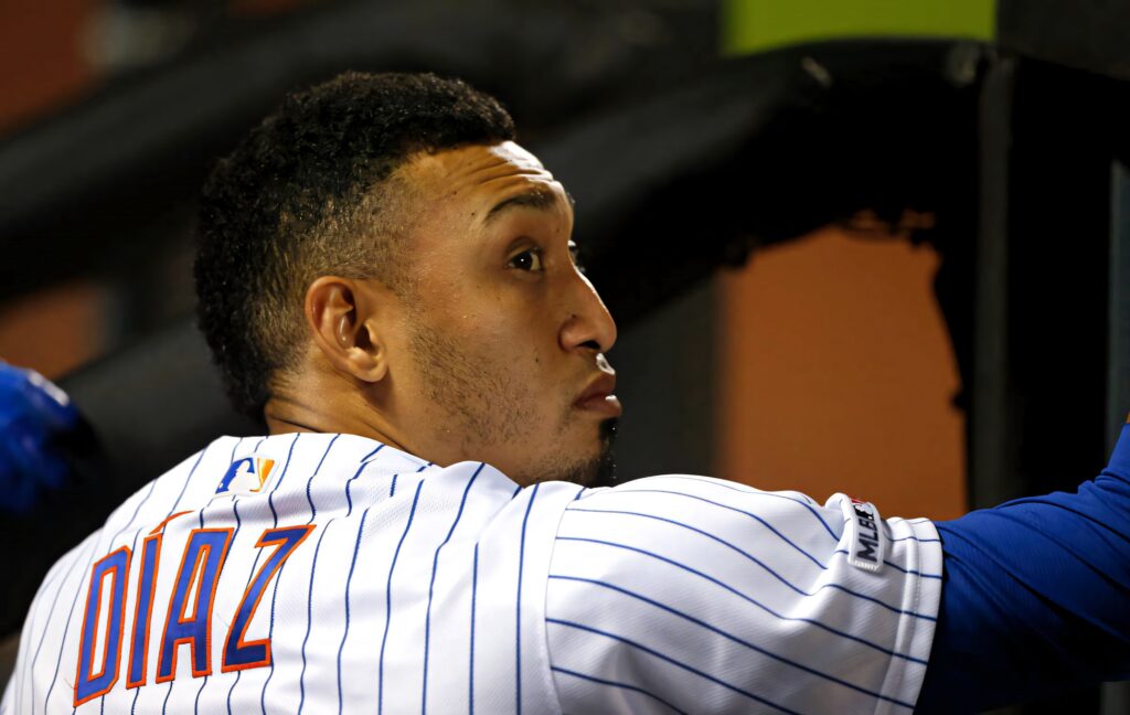 Edwin Diaz New York Mets MLB player in white blue pinstripe jersey focused athletic pose Wallpaper
