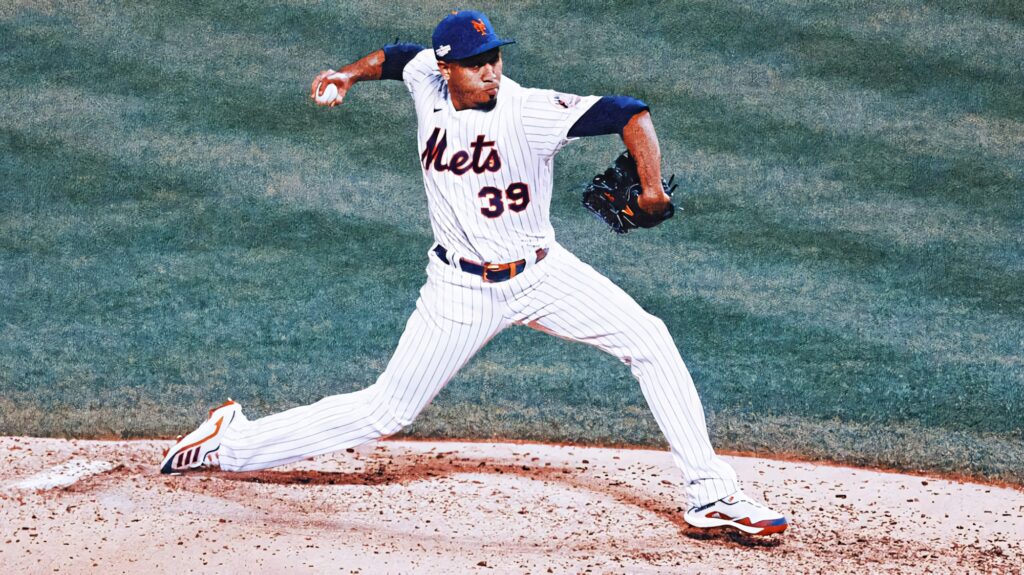 Edwin Diaz pitching in New York Mets classic pinstripe uniform dynamic baseball action wallpaper