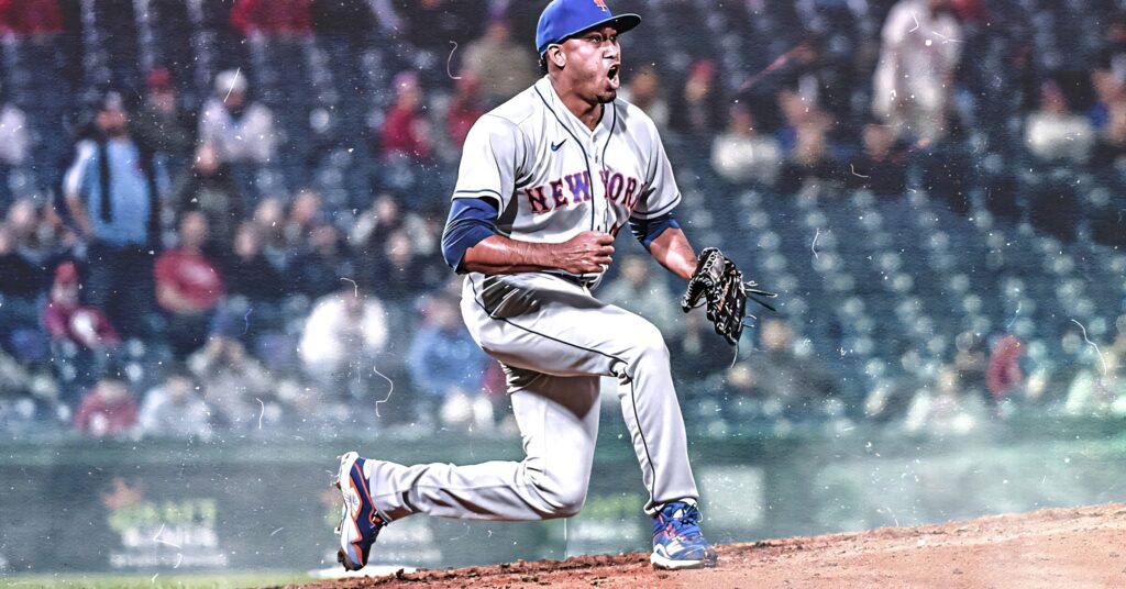 Edwin Diaz New York Mets pitcher dynamic action digital art wallpaper vibrant stadium background