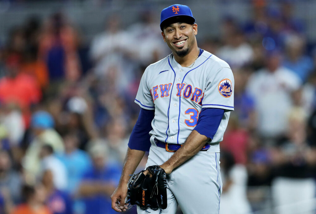 Edwin Diaz New York Mets pitcher smiling on field in gray blue uniform vibrant high resolution Wallpaper