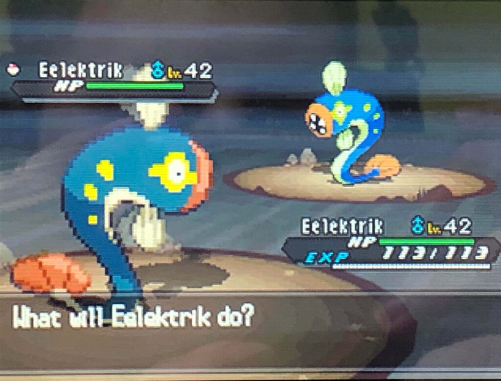 Eelektrik Pokémon turn-based battle scene with blue yellow accents on rocky platforms wallpaper