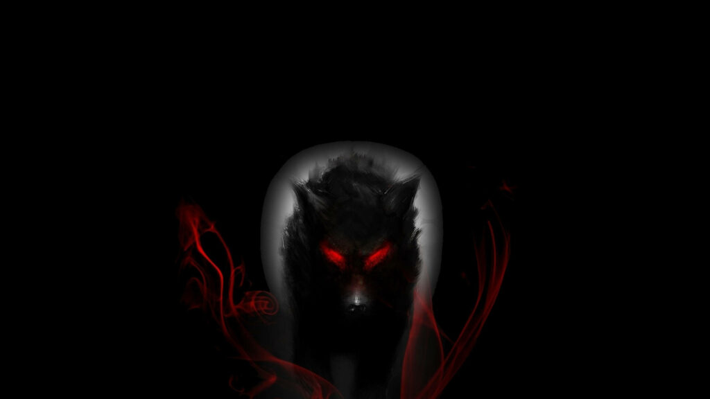 Enigmatic Elegance: Majestic Wolf Illuminated by Fiery Stare Against Dark, Abstract Backdrop Wallpaper