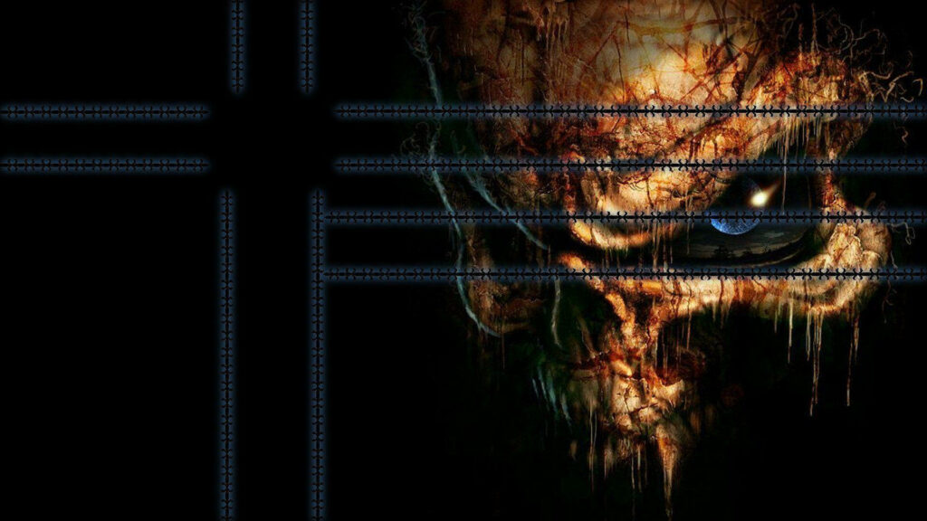 Interlocking Shadows: HD Skull Background with Piercing Blue Eye amidst Intricate Black Intersections Wallpaper