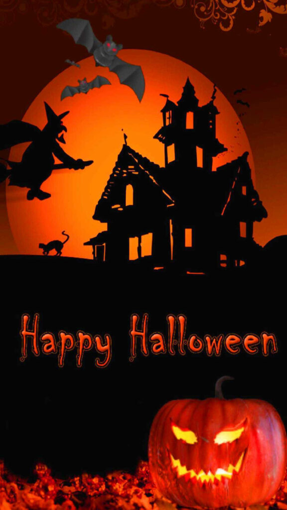 Eerie Night at the Haunted Mansion: A Spooky Halloween iPhone Wallpaper Capturing a Full Moon and Sinister Creatures in an Orange and Black-Themed Background