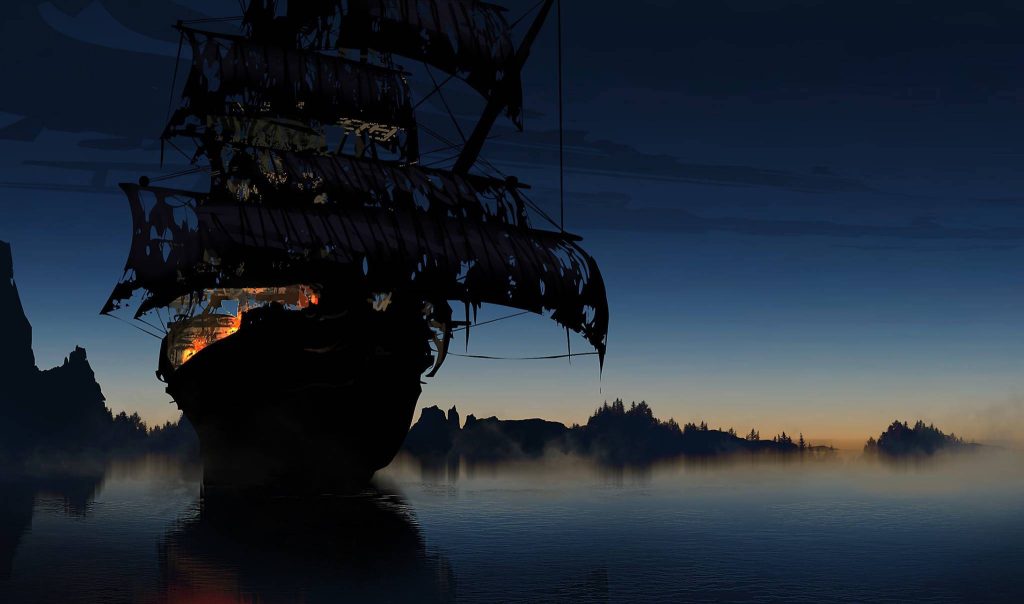 Eerie ghost ship with tattered sails gliding through misty waters at twilight digital art wallpaper