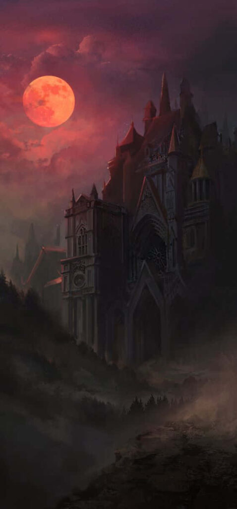Mysterious Gothic Castle Under Red Moon – Eerie Wallpaper Background