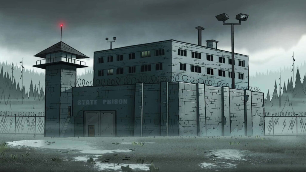 Eerie Gravity Falls State Prison Wallpaper with Barbed Wire & Forest
