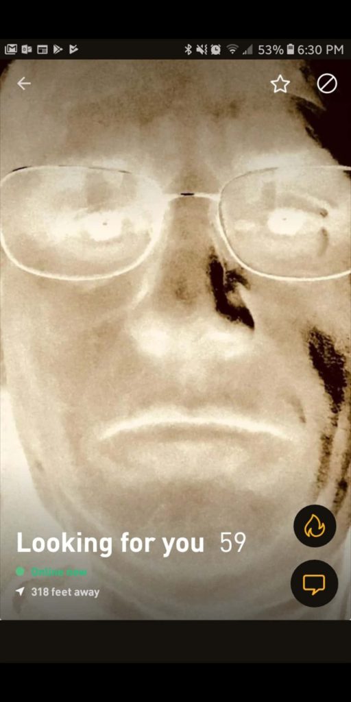 Surreal high-contrast negative portrait of man with glasses in mobile dating app interface background Wallpaper