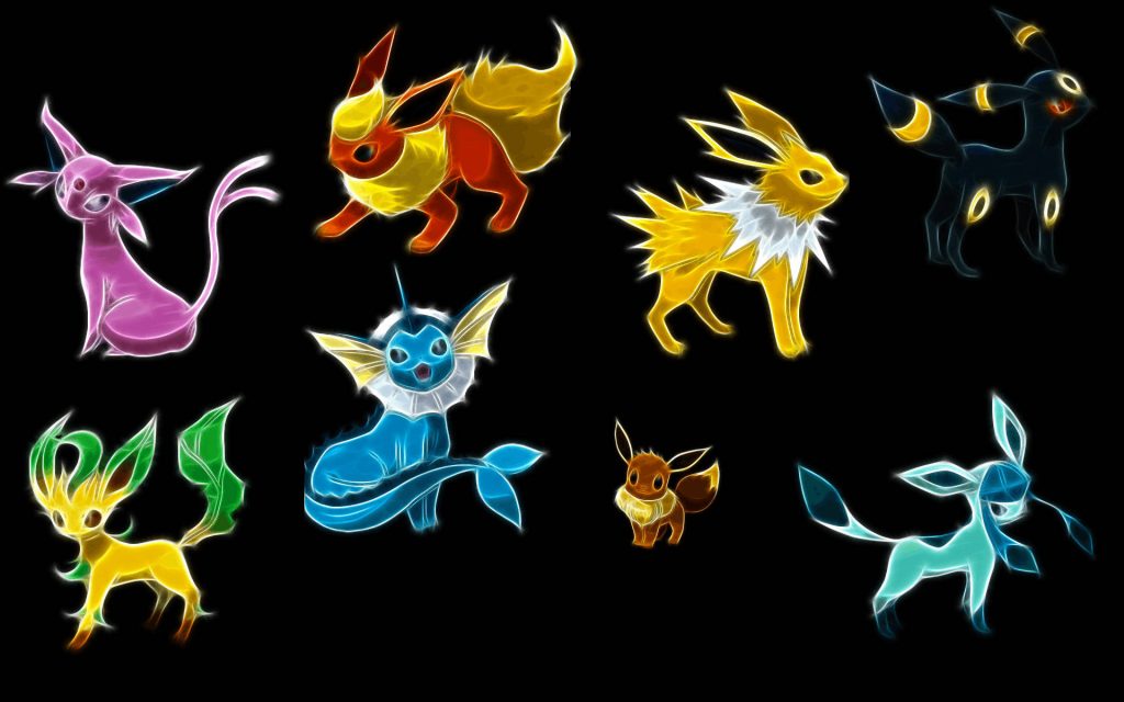 Neon digital art wallpaper of Eevee and all eight evolutions on black background for Pokémon fans