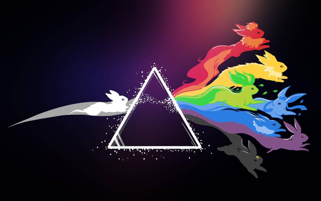 Eevee entering prism dispersing into vibrant Eeveelutions on dark minimalist digital wallpaper