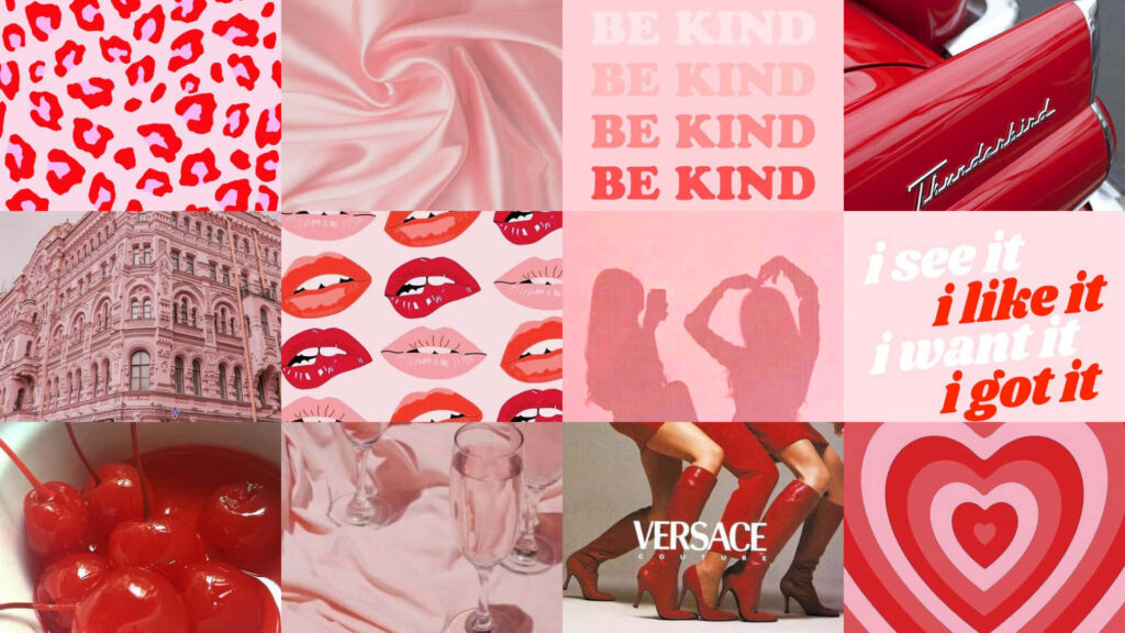 Effervescent Be Kind collage wallpaper with bold reds soft pinks motivational messages patterns