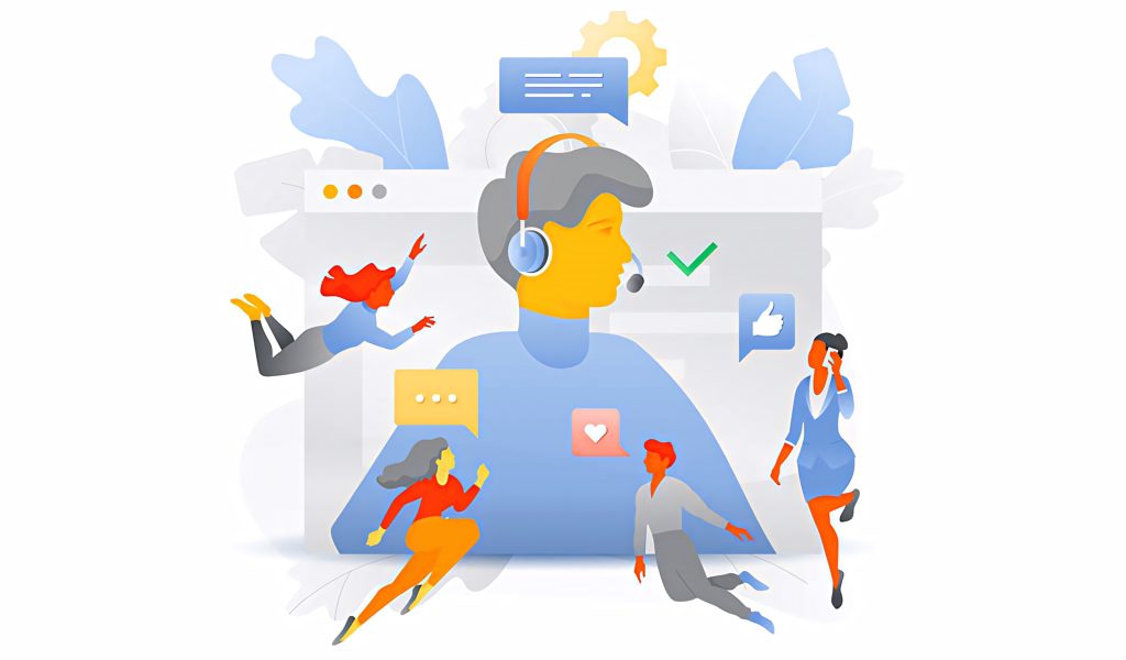 Online customer service agent with headset and digital icons showing web-based support Wallpaper